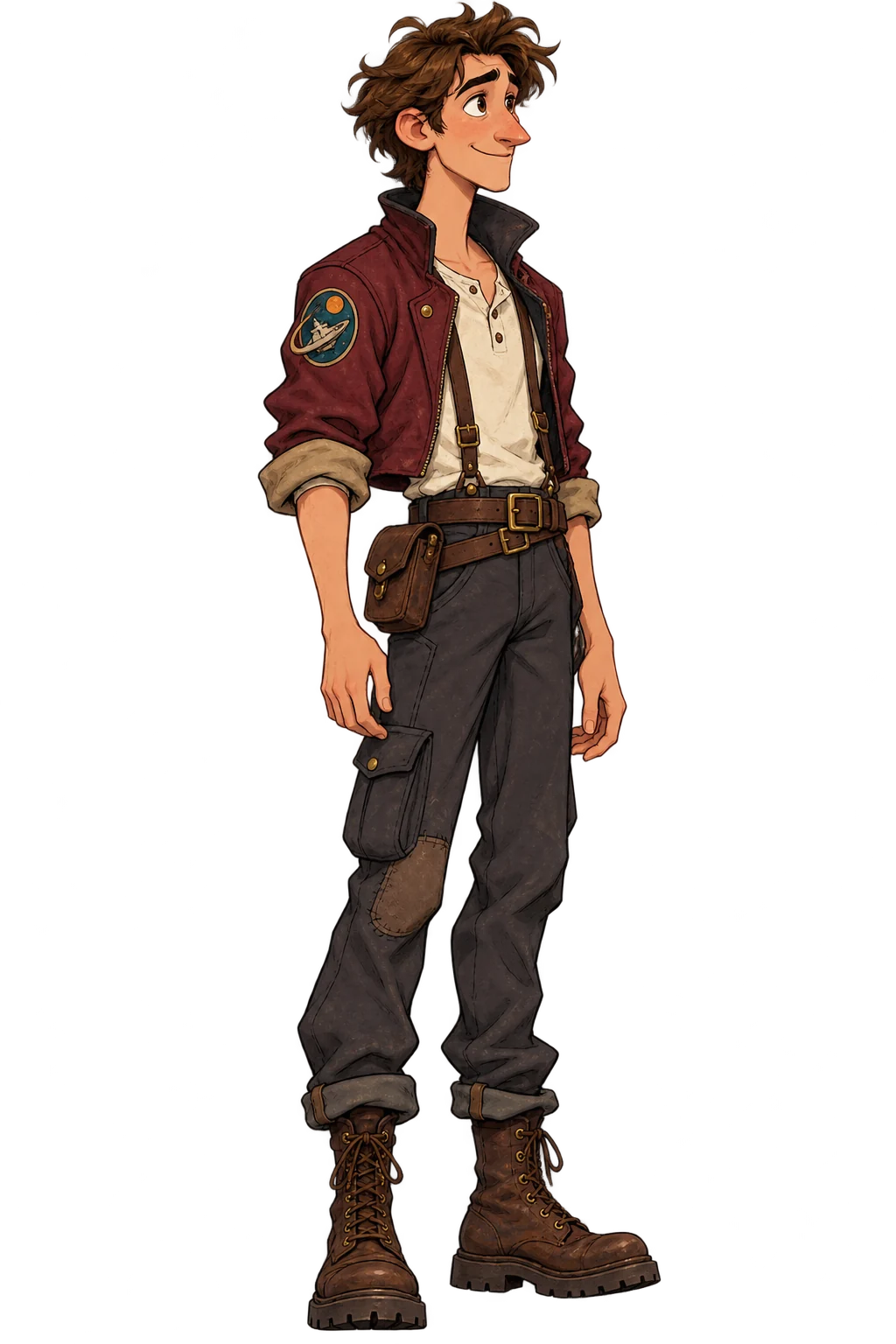 Wendell Hyperion Starling, a cheerful courier wearing a red jacket, boots, and a flight patch